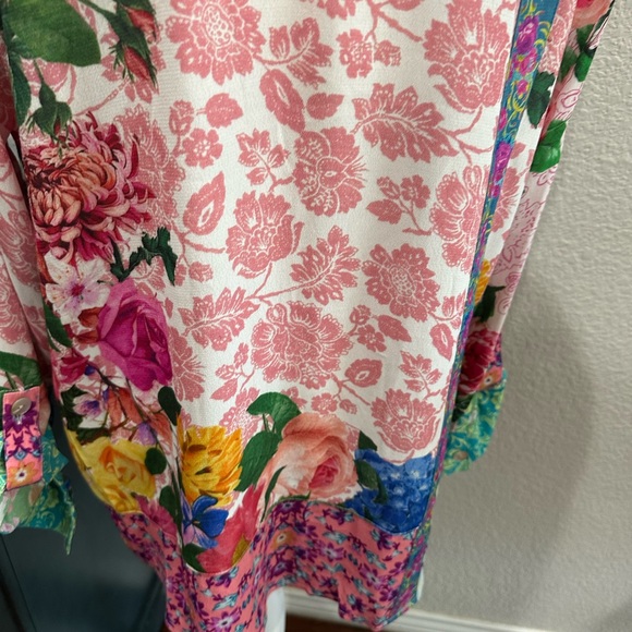 NWT John Mark Teal pink green artsy floral bohemian roll tab Shirt 1x - Picture 7 of 11